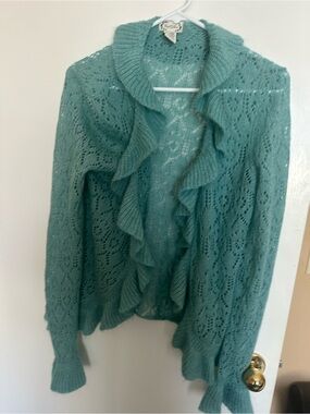 Next Era Teal Ruffle-Front Lace Knit Cardigan